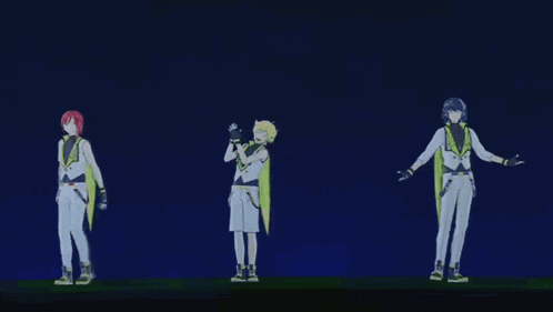 a group of anime characters walking in a line
