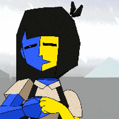 a pixel art drawing of a girl with blue and yellow face