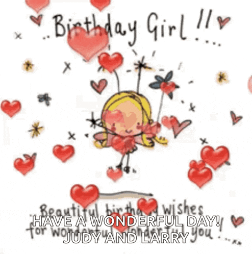 a birthday card with a fairy surrounded by hearts and flowers