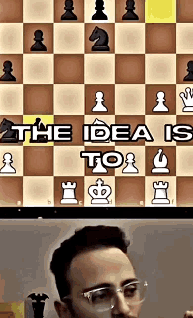 a man wearing glasses looks at a chess board with the words the idea is to
