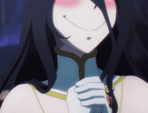 a girl with long black hair is smiling with her hands folded in front of her face