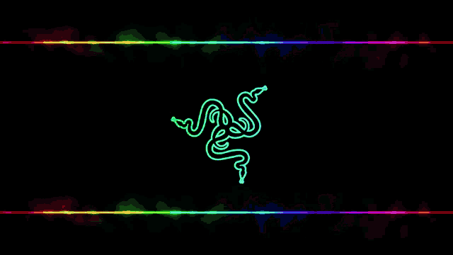 a green snake on a black background with rainbow lights behind it