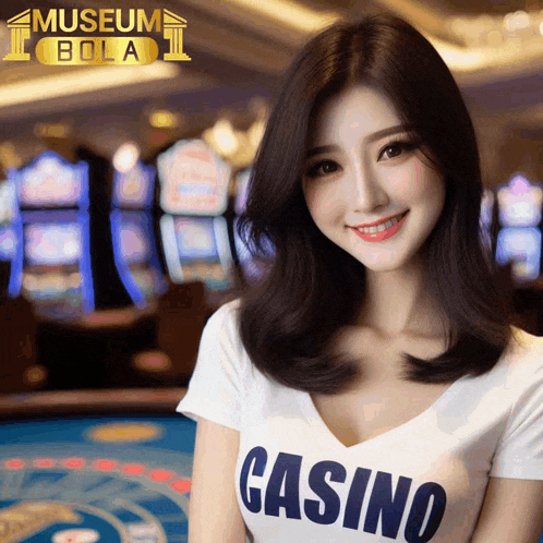 a woman in a white shirt that says casino on it