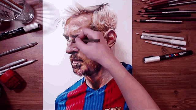 a person is drawing a man with a shirt that says fc barcelona on it