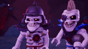 two skeletons are standing next to each other and one has a purple helmet on