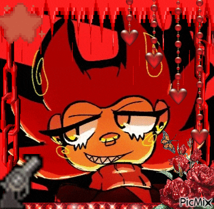 a cartoon of a devil with a butterfly and hearts on a red background