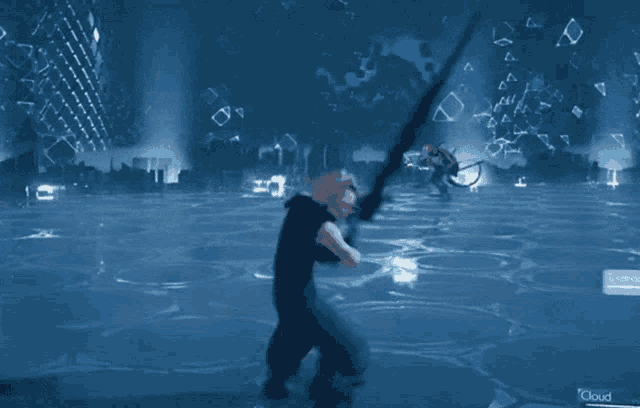 a person in a video game is holding a sword in their hand