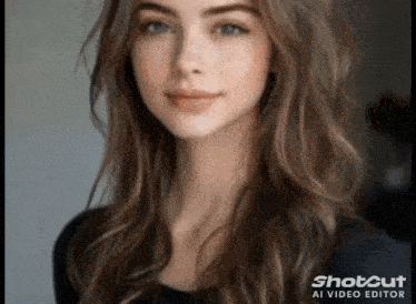 a close up of a woman 's face with a shotcut ai video editor logo in the corner