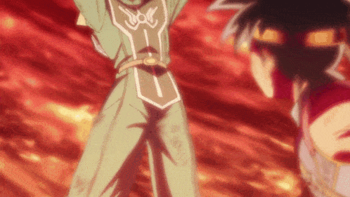 two anime characters are standing in front of a red background and one has the letter x on his chest