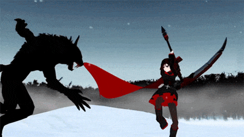 a silhouette of a woman holding a sword standing next to a werewolf in the snow