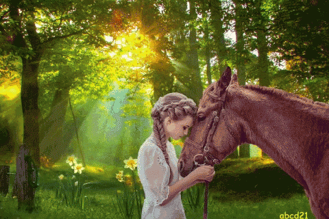 a woman petting a horse in a forest with the letters abcd21 visible