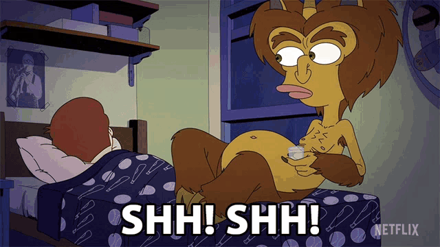 a cartoon of a monster sitting on a bed saying shh shh