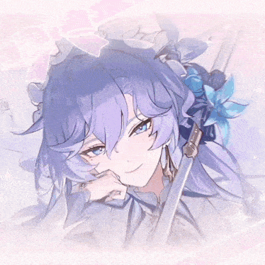 a drawing of a girl with purple hair and a flower in her hair
