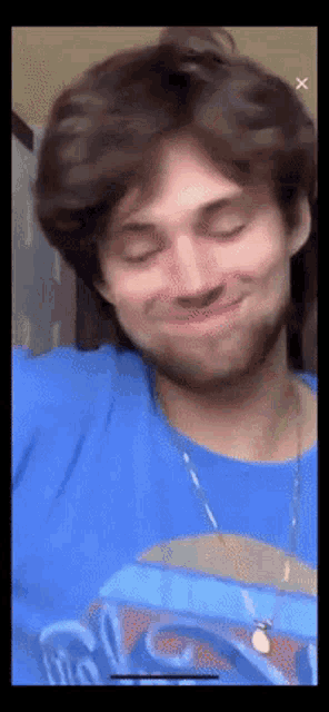 a man wearing a blue shirt and a necklace is making a funny face .