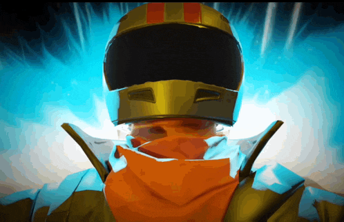 a man wearing a helmet and an orange scarf around his neck