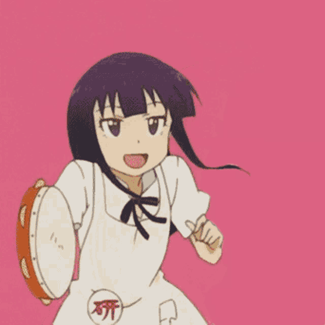 a girl in a white dress is holding a tambourine with the letter r on her apron