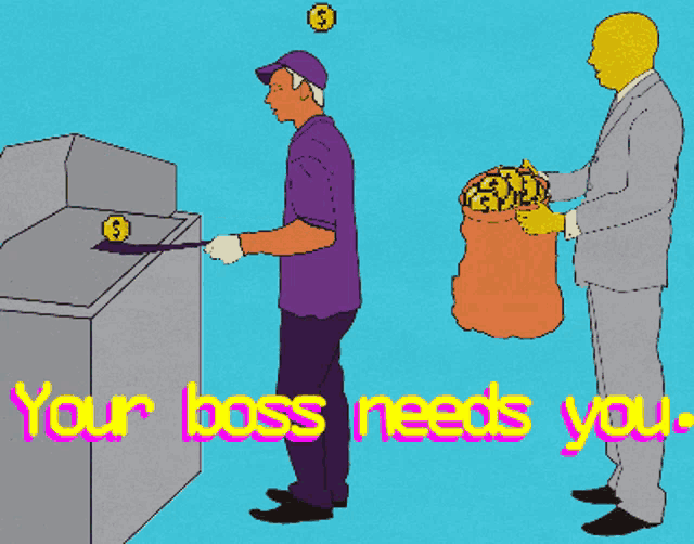 a man in a purple shirt is working on a washing machine while a man in a suit holds a bag of money