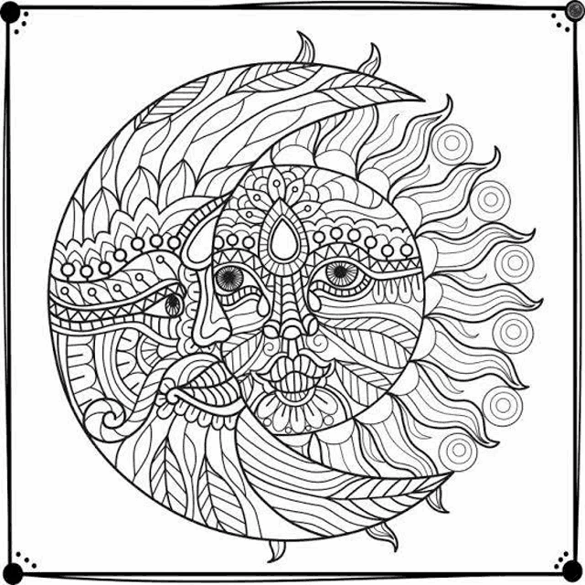 a black and white drawing of a crescent moon and sun with a face .