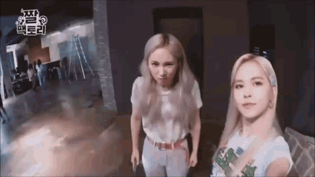 two girls are standing next to each other in a room and looking at the camera .