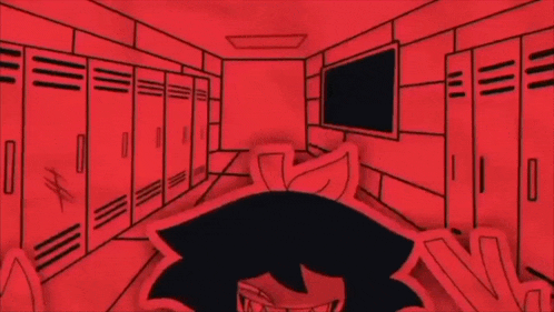 a cartoon character is laying in a locker room with a red light shining on it .