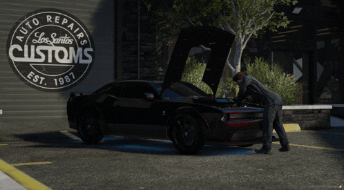 a man looking under the hood of a car in front of a sign that says auto repairs los santos customs