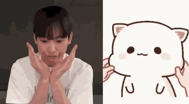 a man with his hands on his face next to a cartoon cat