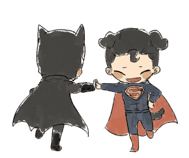 a drawing of batman and superman holding hands on a white background