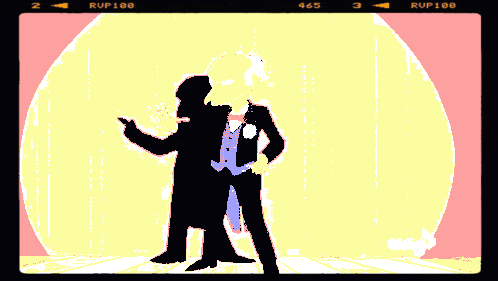a silhouette of a man in a tuxedo is displayed on a screen that says rup100 on it
