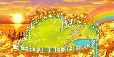 a pixel art drawing of a field of sunflowers with a rainbow in the background