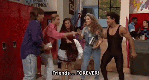 a group of people are dancing in a hallway and one of them says `` friends ... forever '' .