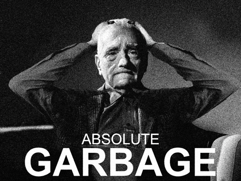a black and white poster for absolute garbage with a man holding his head