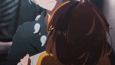 a close up of a person with blue hair looking at another person