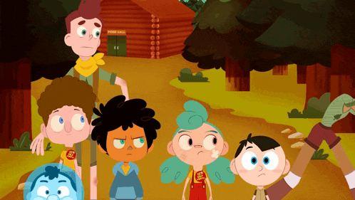 a group of cartoon characters standing in front of a cabin that says pine lake