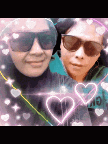 two women wearing sunglasses are posing for a photo with hearts around them
