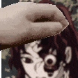 a pixel art of a person 's hand touching another person 's face .