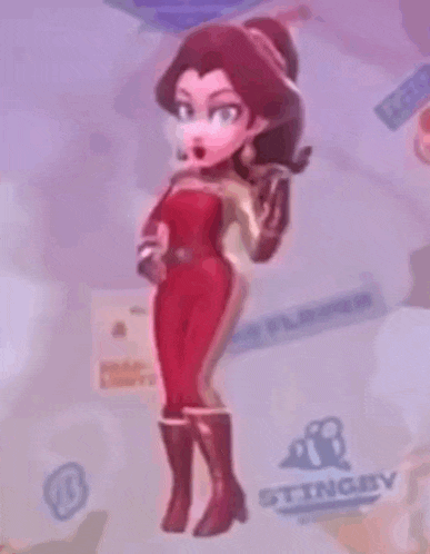 a cartoon girl in a red jumpsuit and boots is standing in front of a purple background .