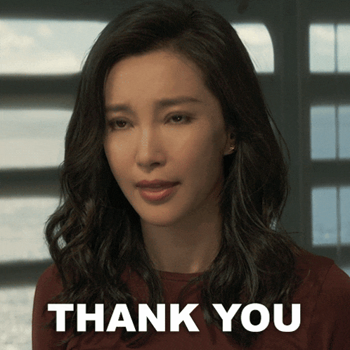 a woman in a red shirt with the words thank you below her