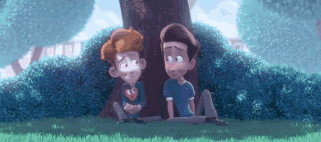 two cartoon boys are sitting under a tree in the grass . one of the boys is holding a heart .