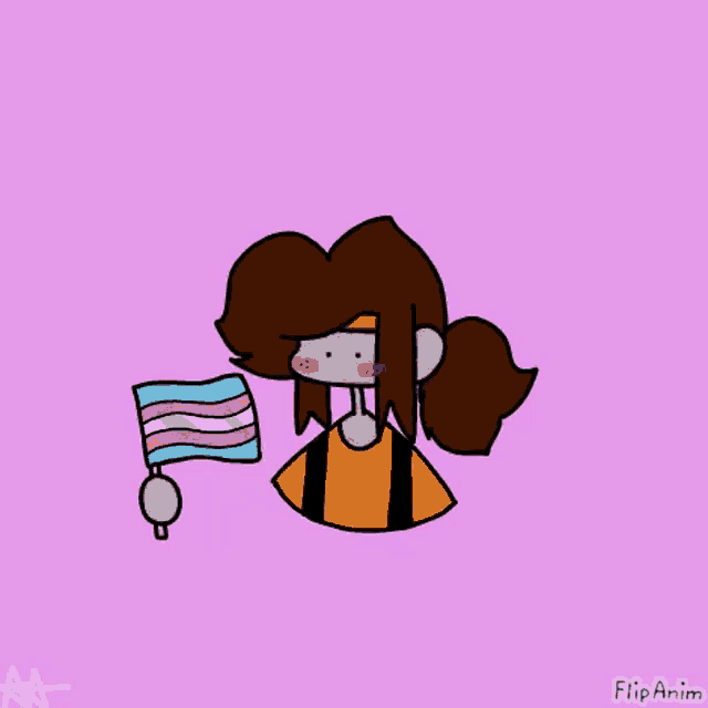 a cartoon of a girl holding a transgender flag on a pink background .