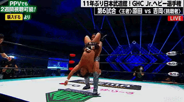 two men are wrestling in a ring with a sign that says ppv on it