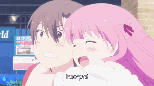 a girl with pink hair says " i wuv you " next to a boy