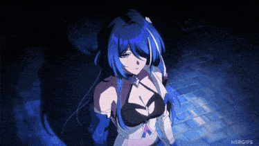 a gif of a girl with blue hair and the words hsrgifs on the bottom
