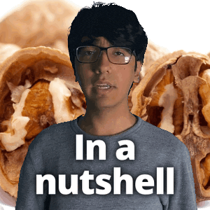 a man wearing glasses stands in front of a pile of walnuts with the words in a nutshell written on his shirt