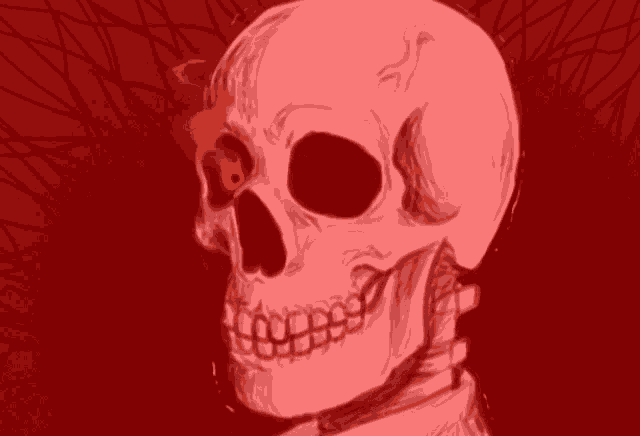 a drawing of a pink skull with a red eye and a red background .