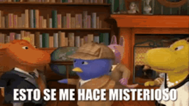 a group of stuffed animals are standing in front of a fireplace with the words esto se me hace misterioso written on the bottom
