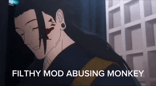a cartoon of a man with blood on his face and the words filthy mod abusing monkey written below him .
