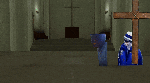 a man carrying a cross in a church with the words " the power of christ compels you " below him