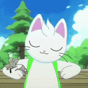 a cartoon cat is holding a mouse in its paw