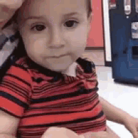 a baby in a red and black striped shirt is being held by a person .