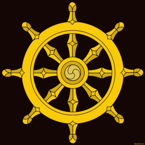 a gold steering wheel with a swirl in the center on a black background